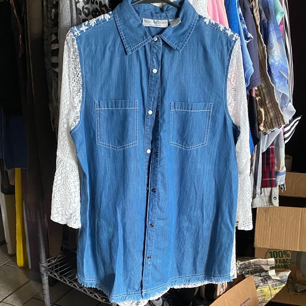 Blue Denim Blouse with Lace Sleeves